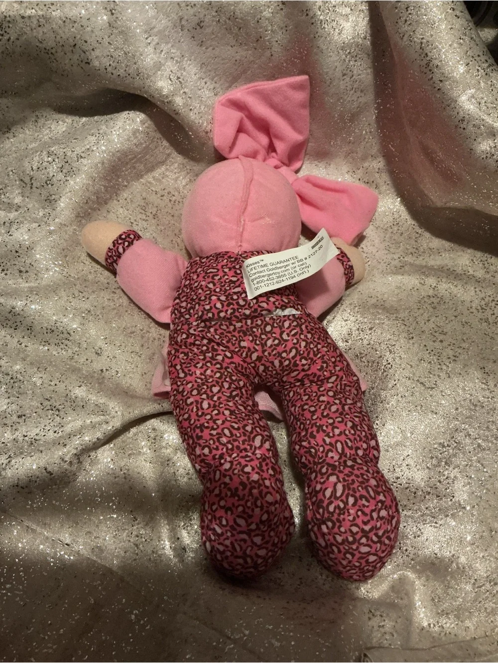 Plush Baby Doll in Pink Dress with Leopard-Print Leggings